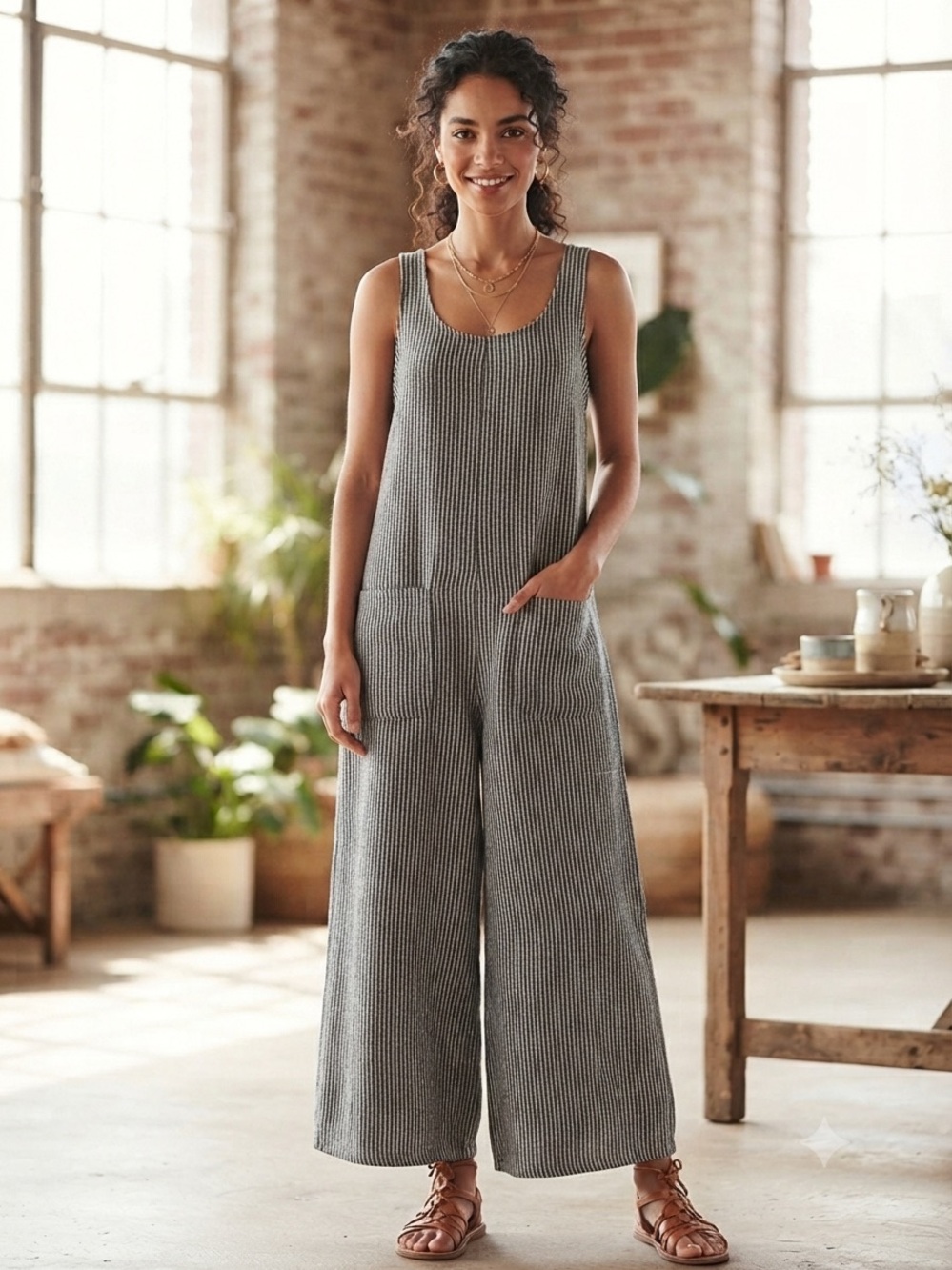 Max Studio Gray Ribbed Wide-Leg Knit Jumpsuit
